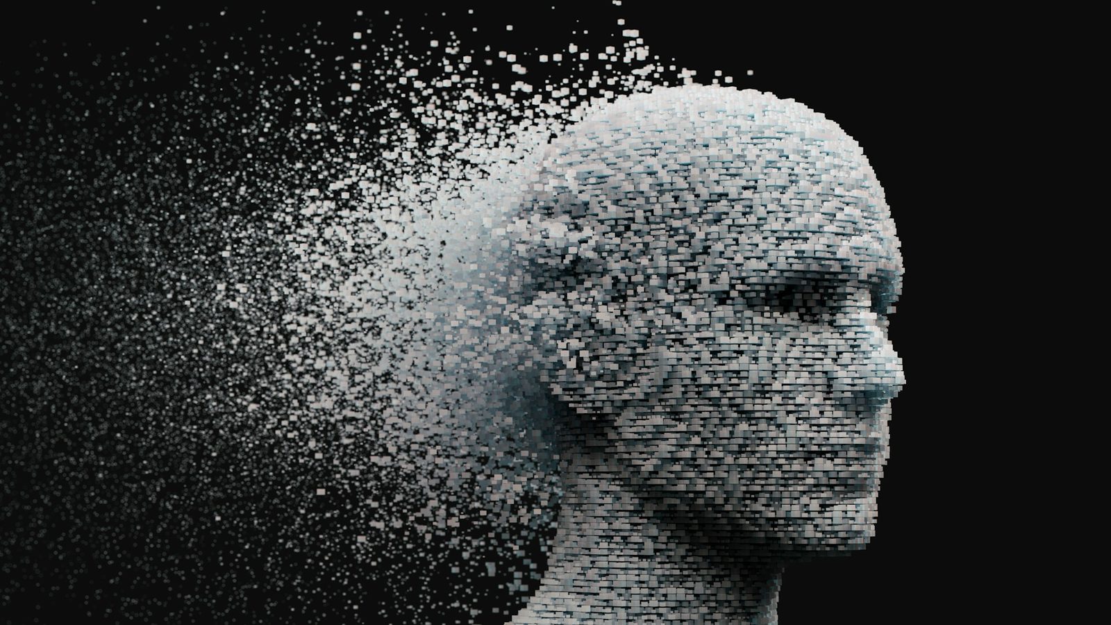 Abstract digital human head dissolving into pixelated particles on a dark background, representing headless WordPress and decoupled digital architecture